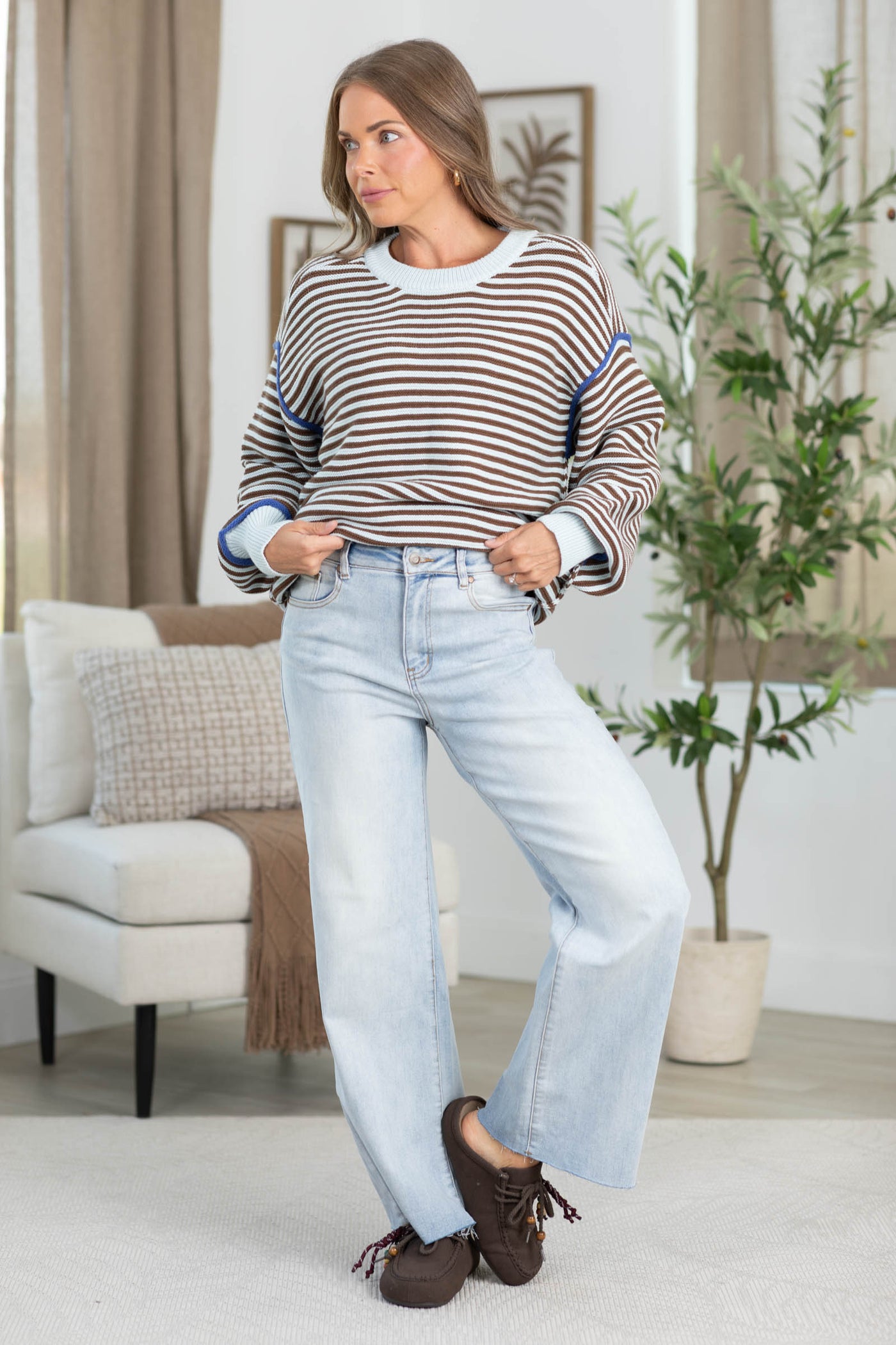 Cotierra Striped Sweater with Contrast Detail and Ribbed Trim