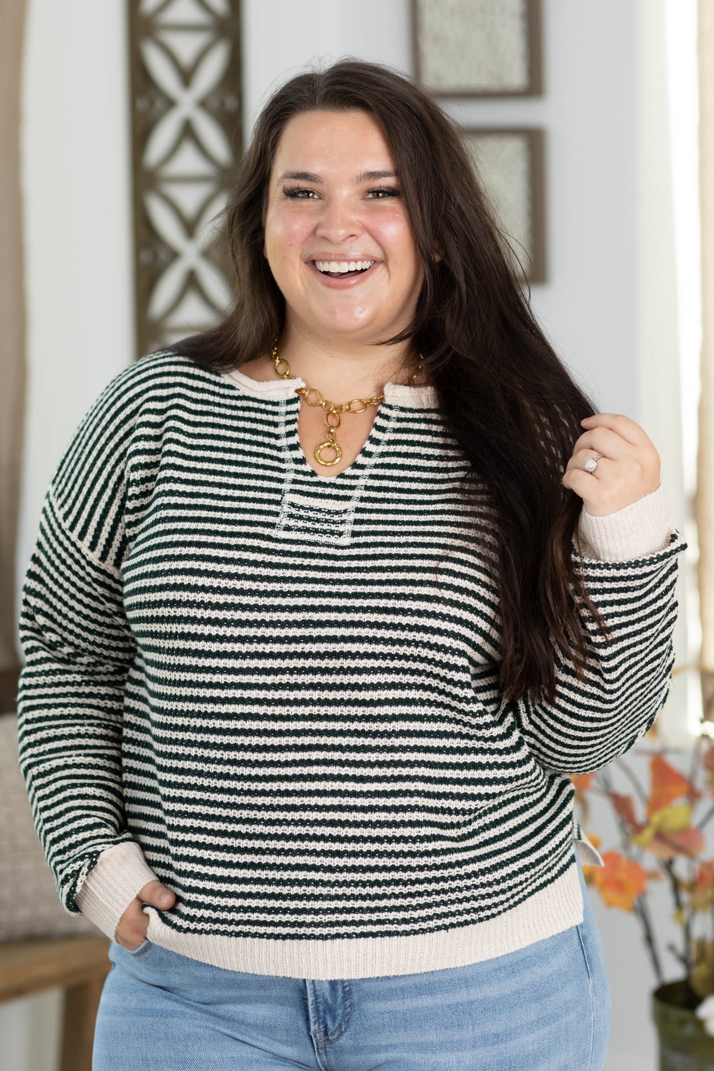 Staccato V-Neck Patch Detail Pinstriped Sweater
