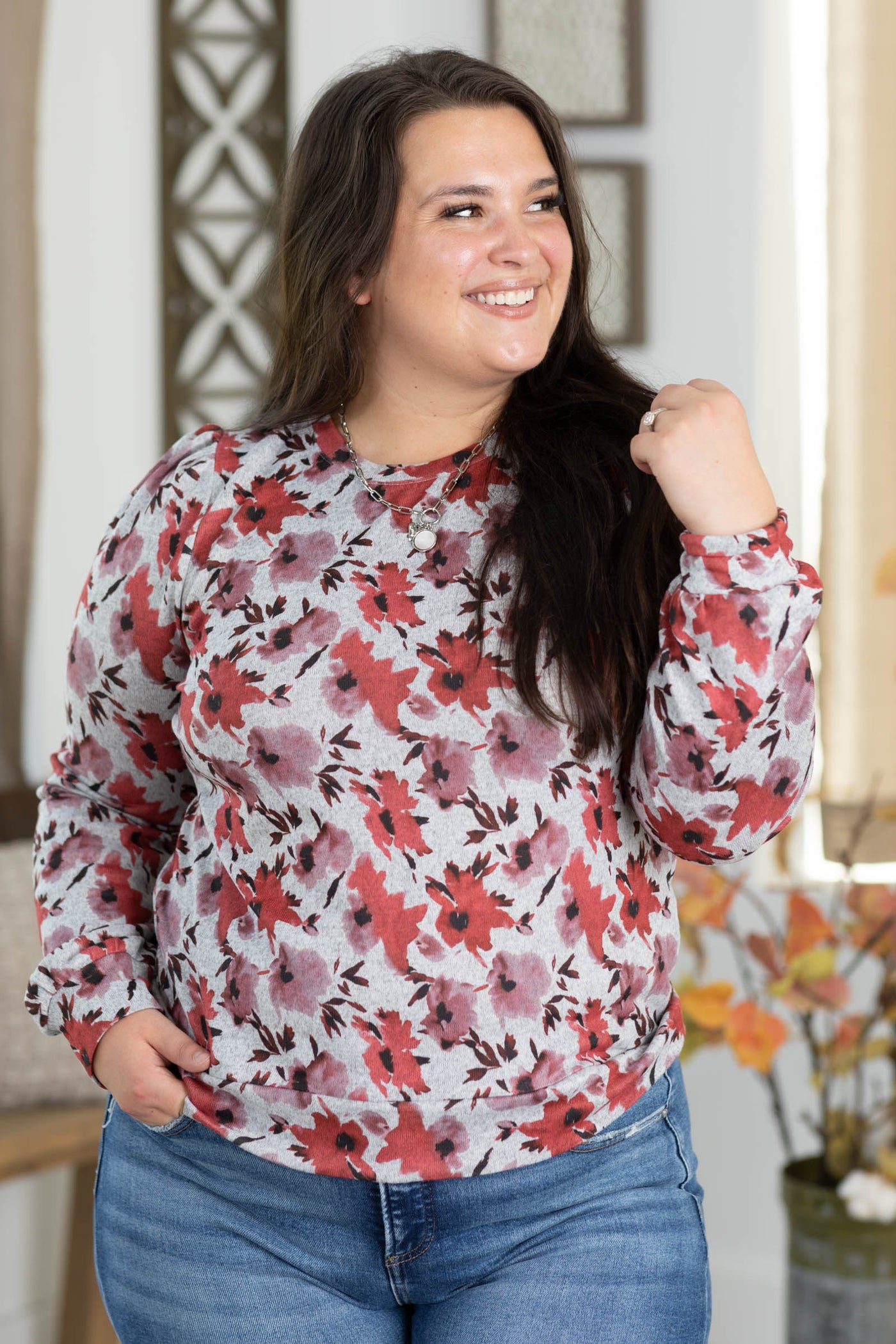 Staccato Grey Hacci Floral Knit Long Sleeve Top