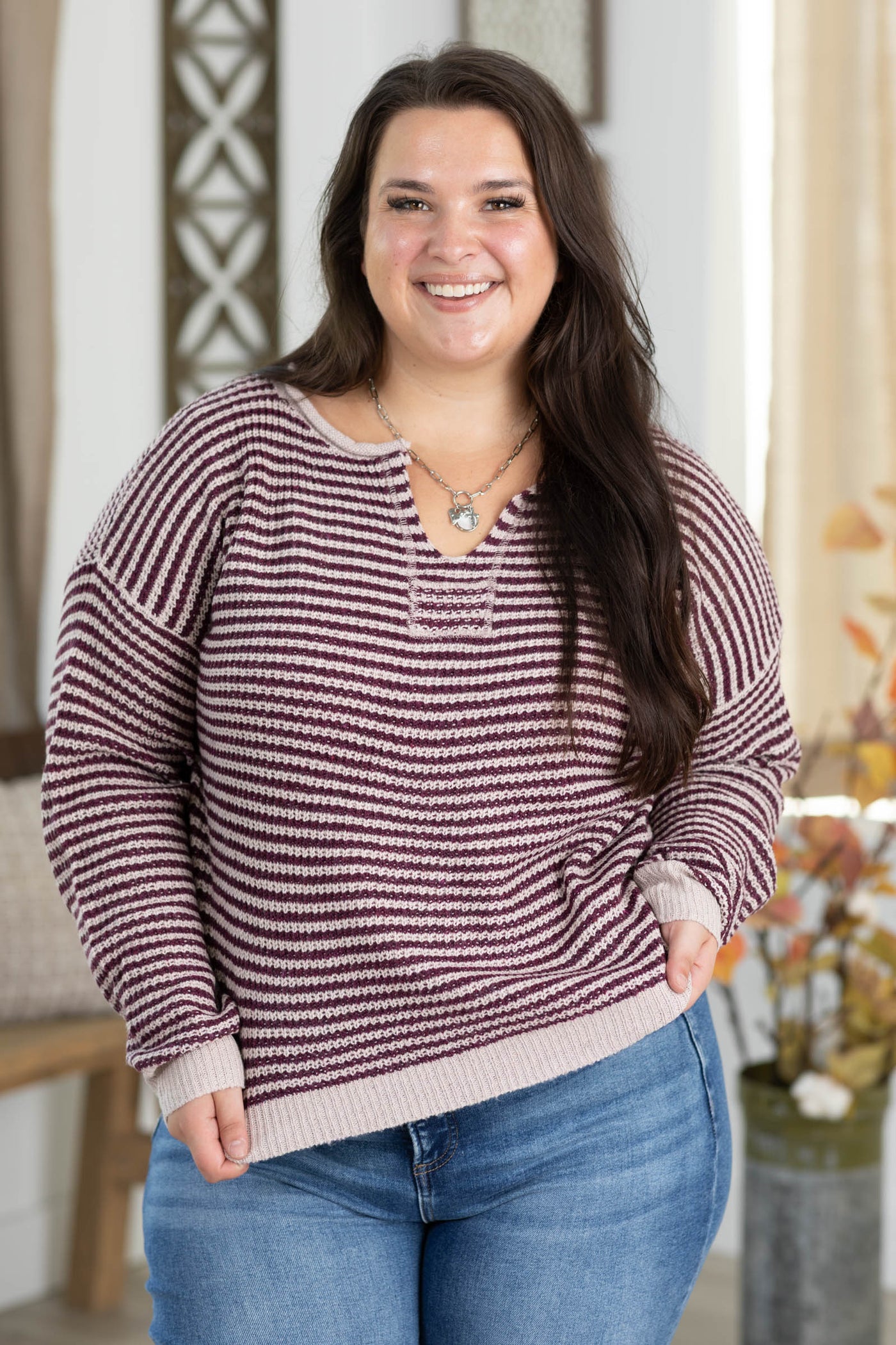 Staccato V-Neck Patch Detail Pinstriped Sweater