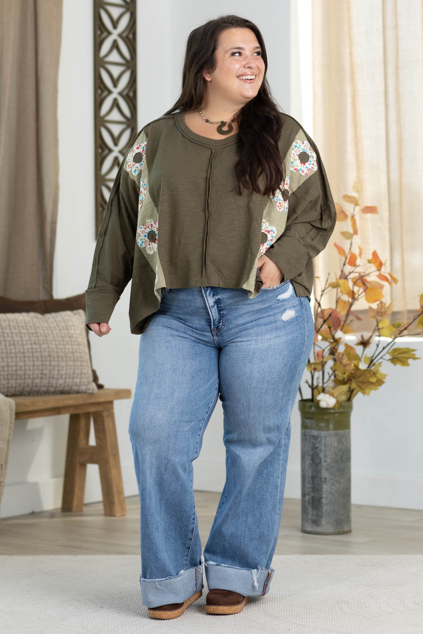 Olive V-Neck Floral Patch Oversized Knit Top
