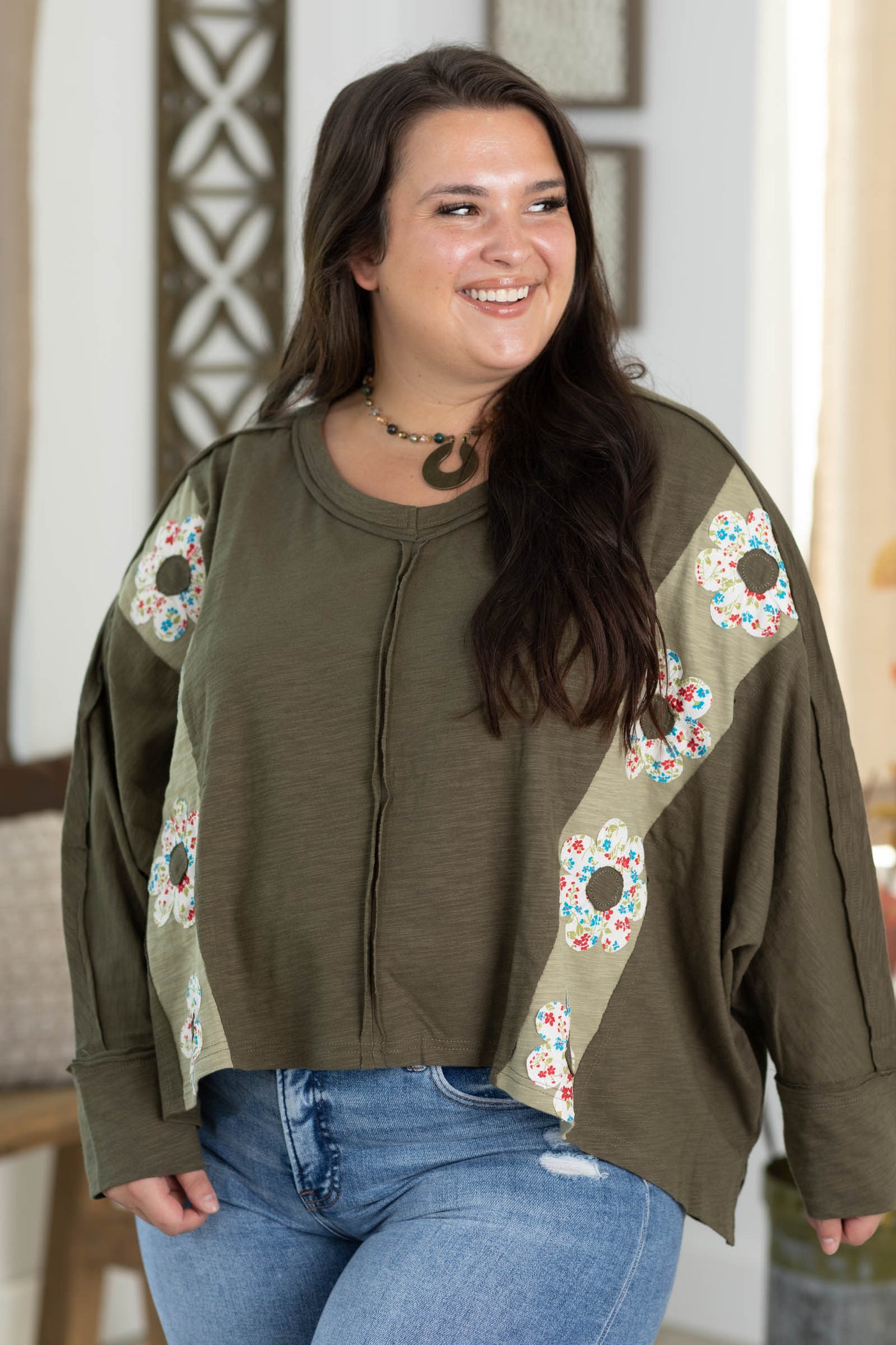 Olive V-Neck Floral Patch Oversized Knit Top