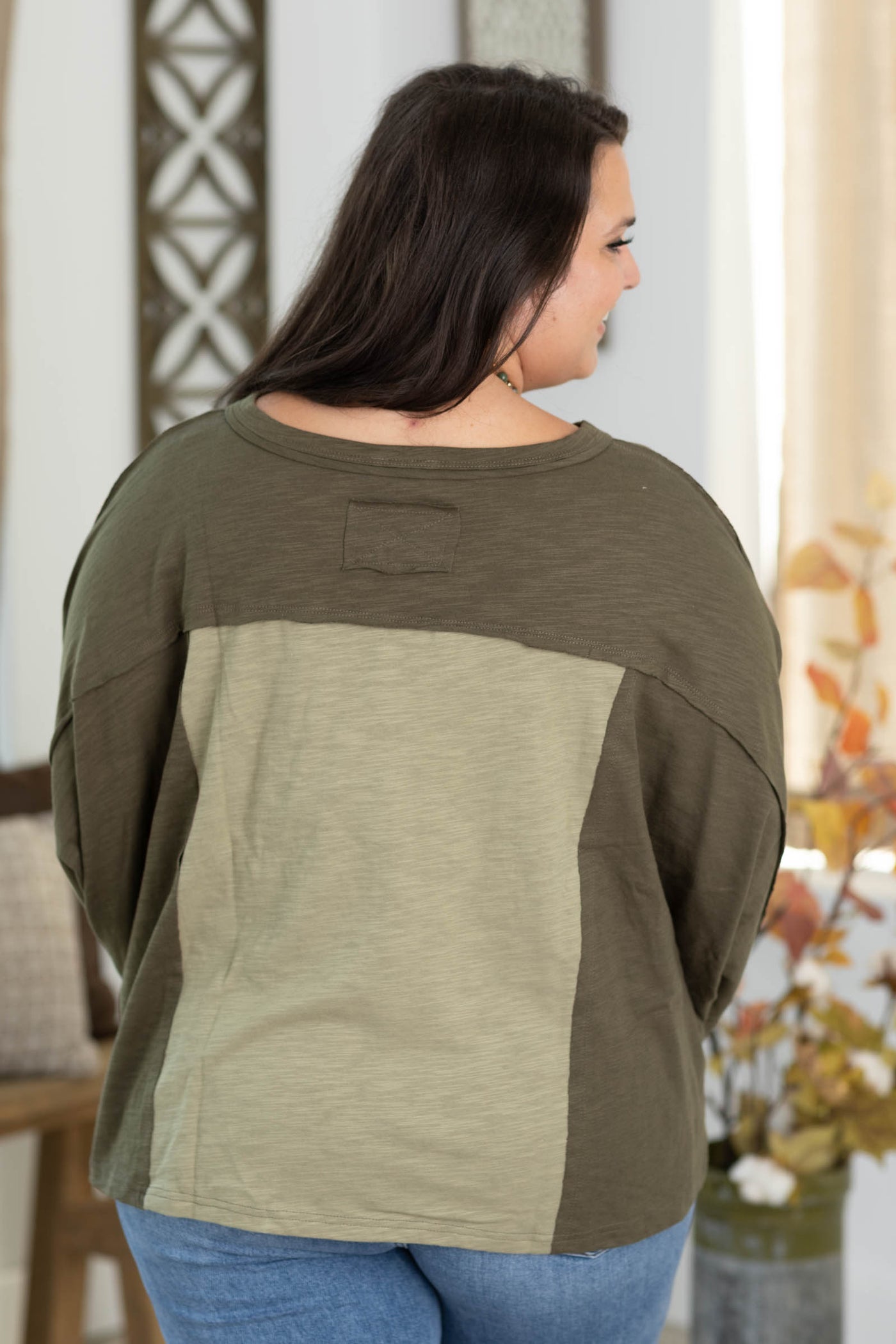 Olive V-Neck Floral Patch Oversized Knit Top