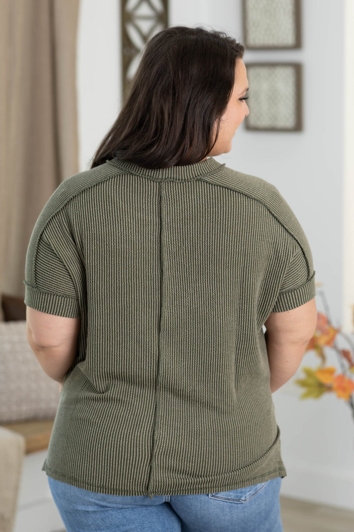 Raised Rib Cuff Sleeve Raw Edge Knit Top
