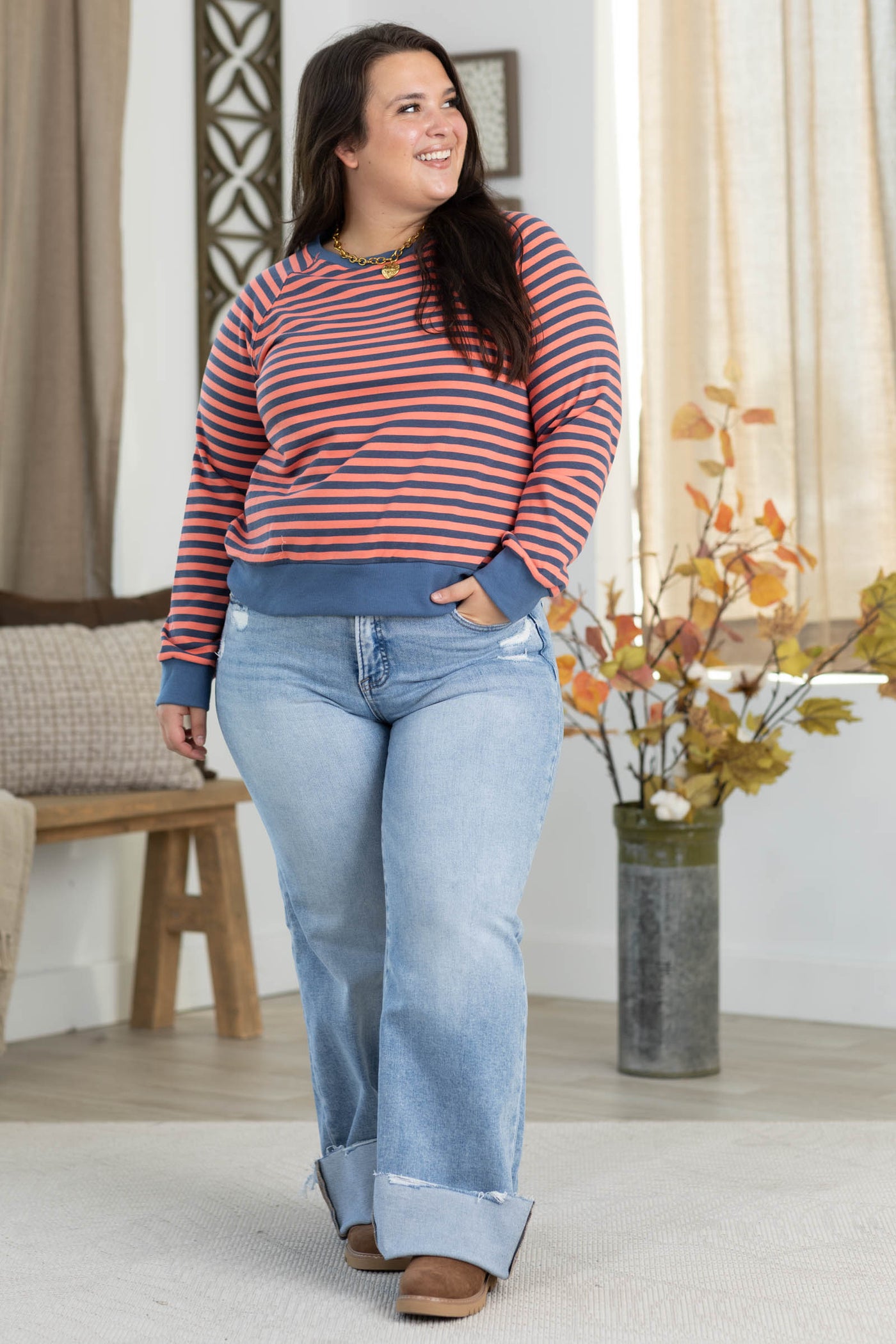 Staccato Contrast Color Detail Stripe Knit Top