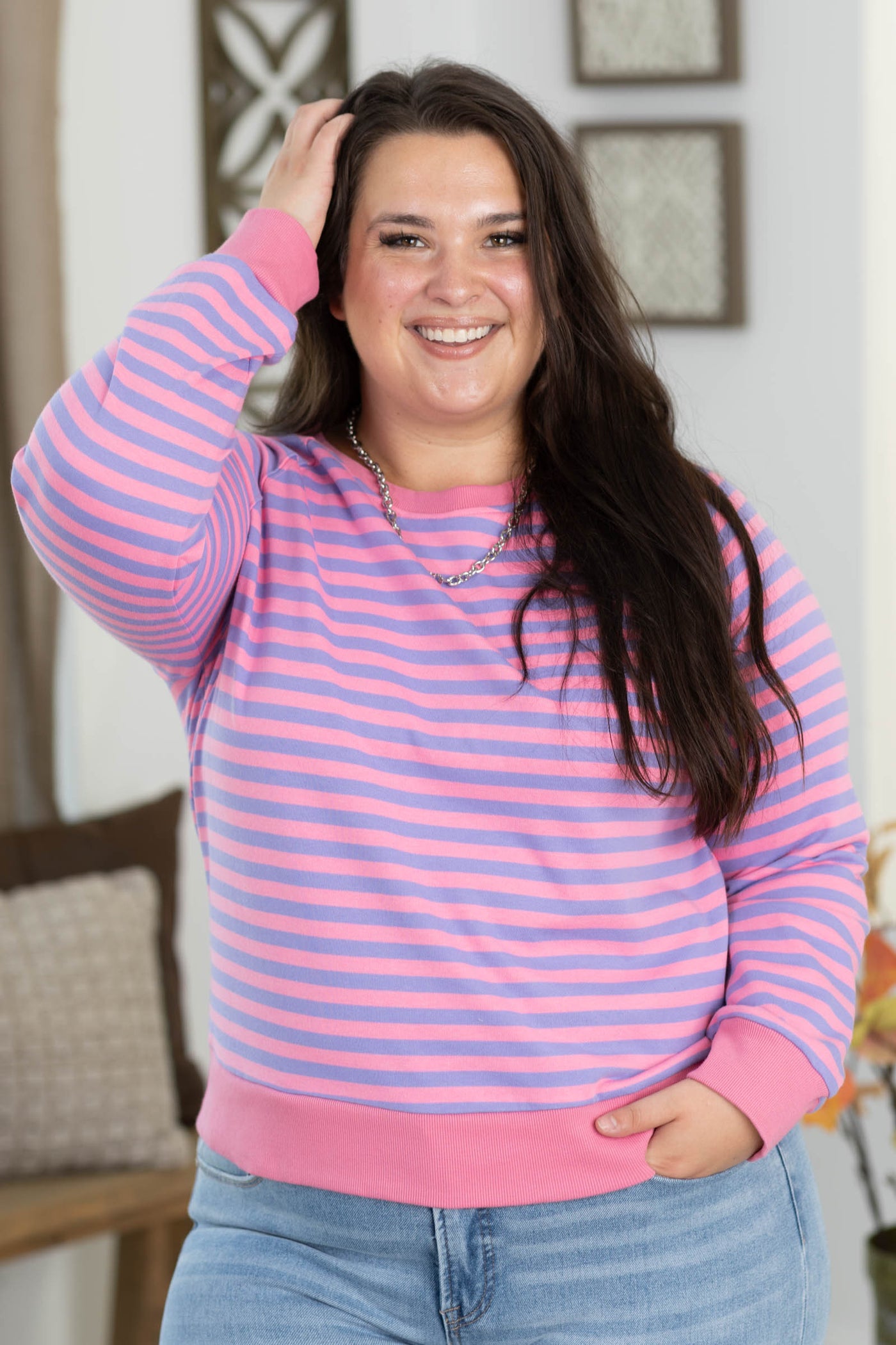 Staccato Contrast Color Detail Stripe Knit Top