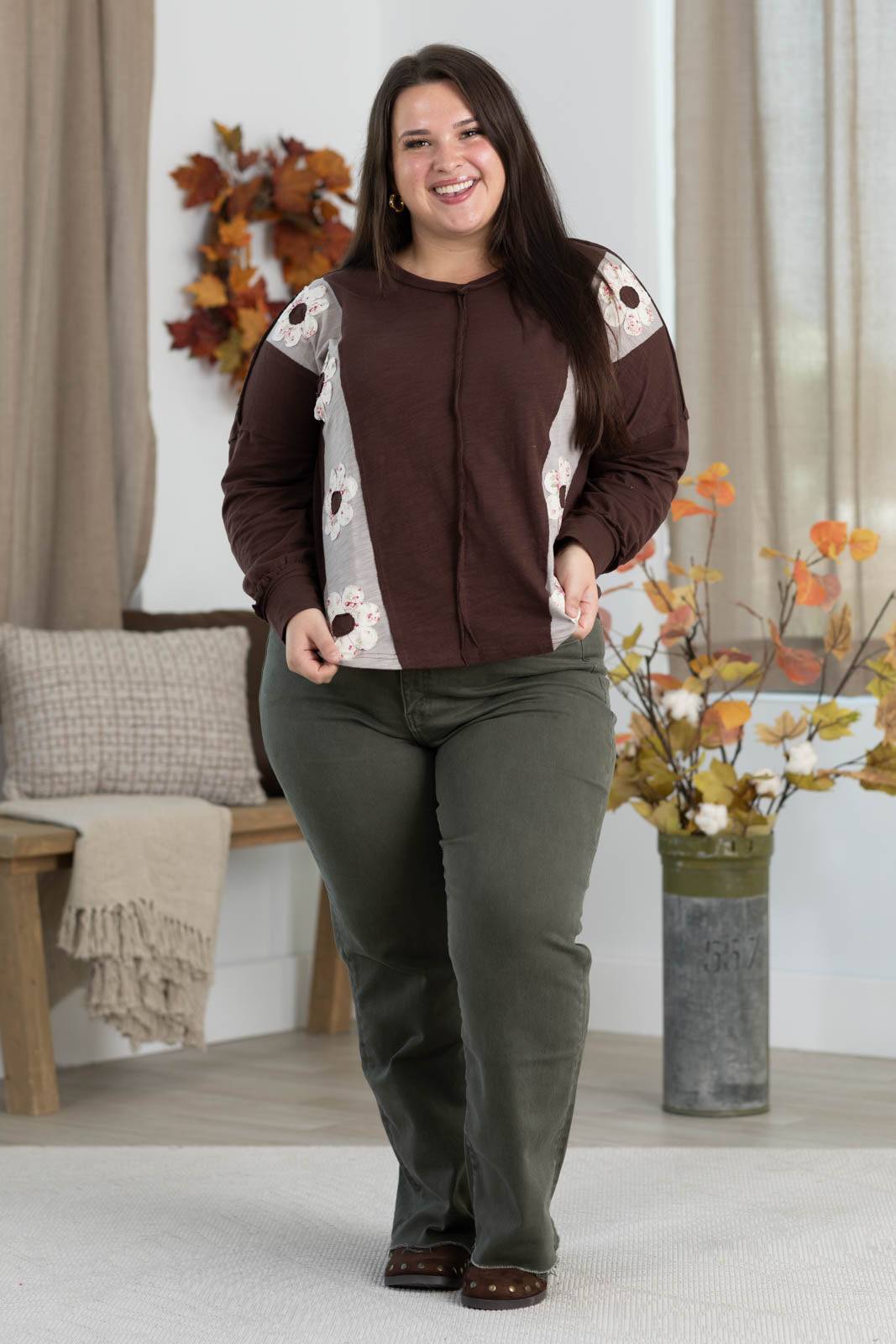 Brown V-Neck Floral Prink Colorblock Knit Top