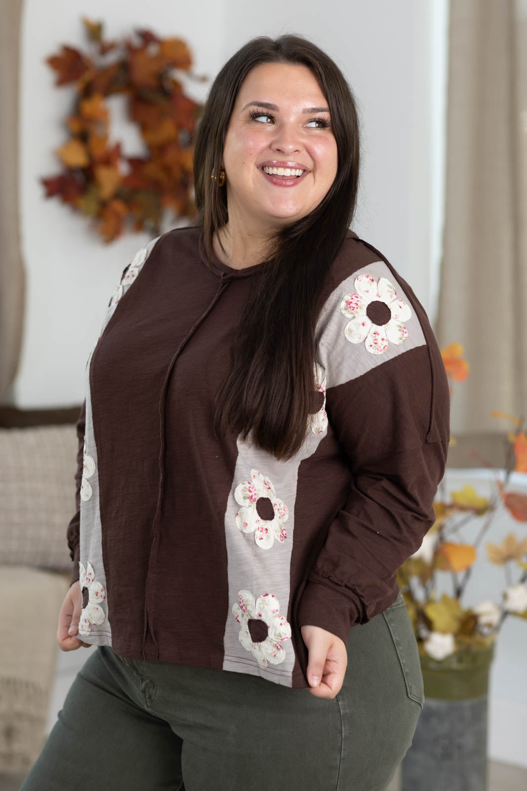 Brown V-Neck Floral Prink Colorblock Knit Top