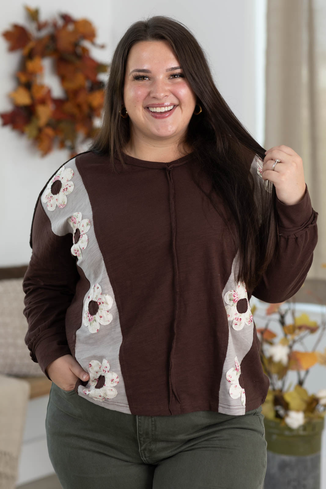Brown V-Neck Floral Prink Colorblock Knit Top
