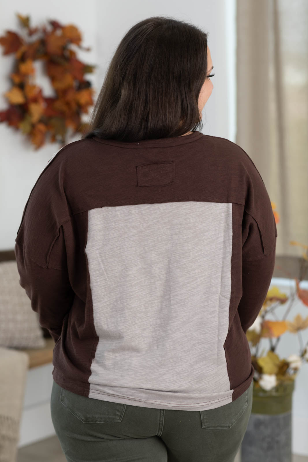 Brown V-Neck Floral Prink Colorblock Knit Top