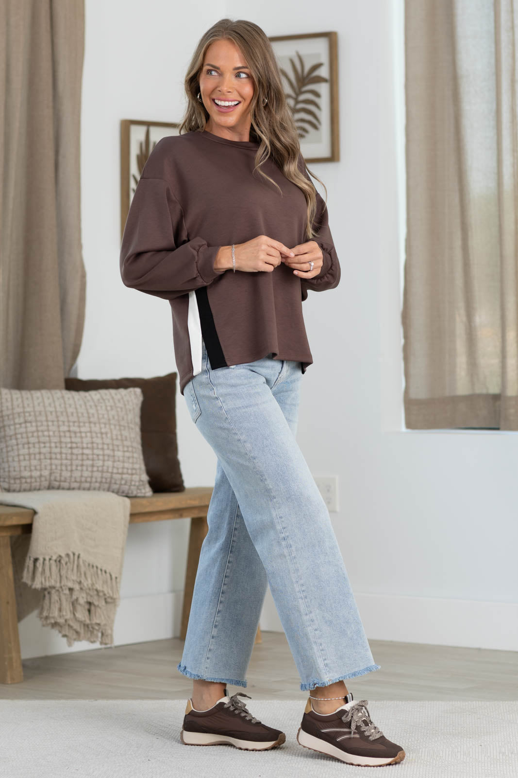 Off Duty Long Sleeve Scuba Pullover With Track Stripe by Filly Flair