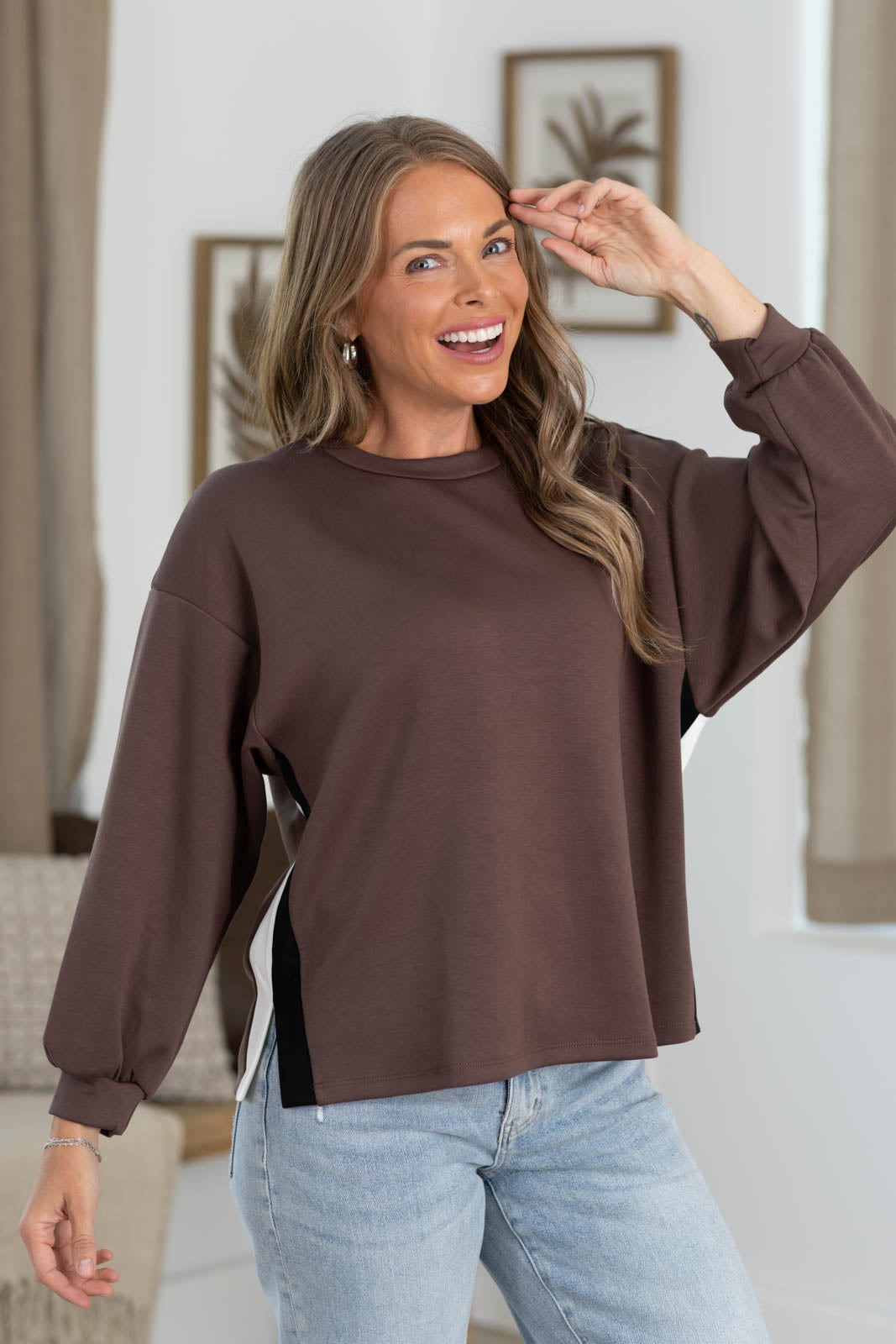 Off Duty Long Sleeve Scuba Pullover With Track Stripe by Filly Flair