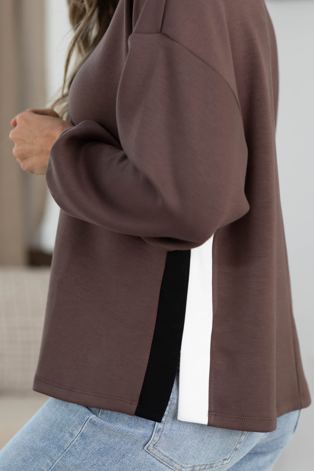 Off Duty Long Sleeve Scuba Pullover With Track Stripe by Filly Flair