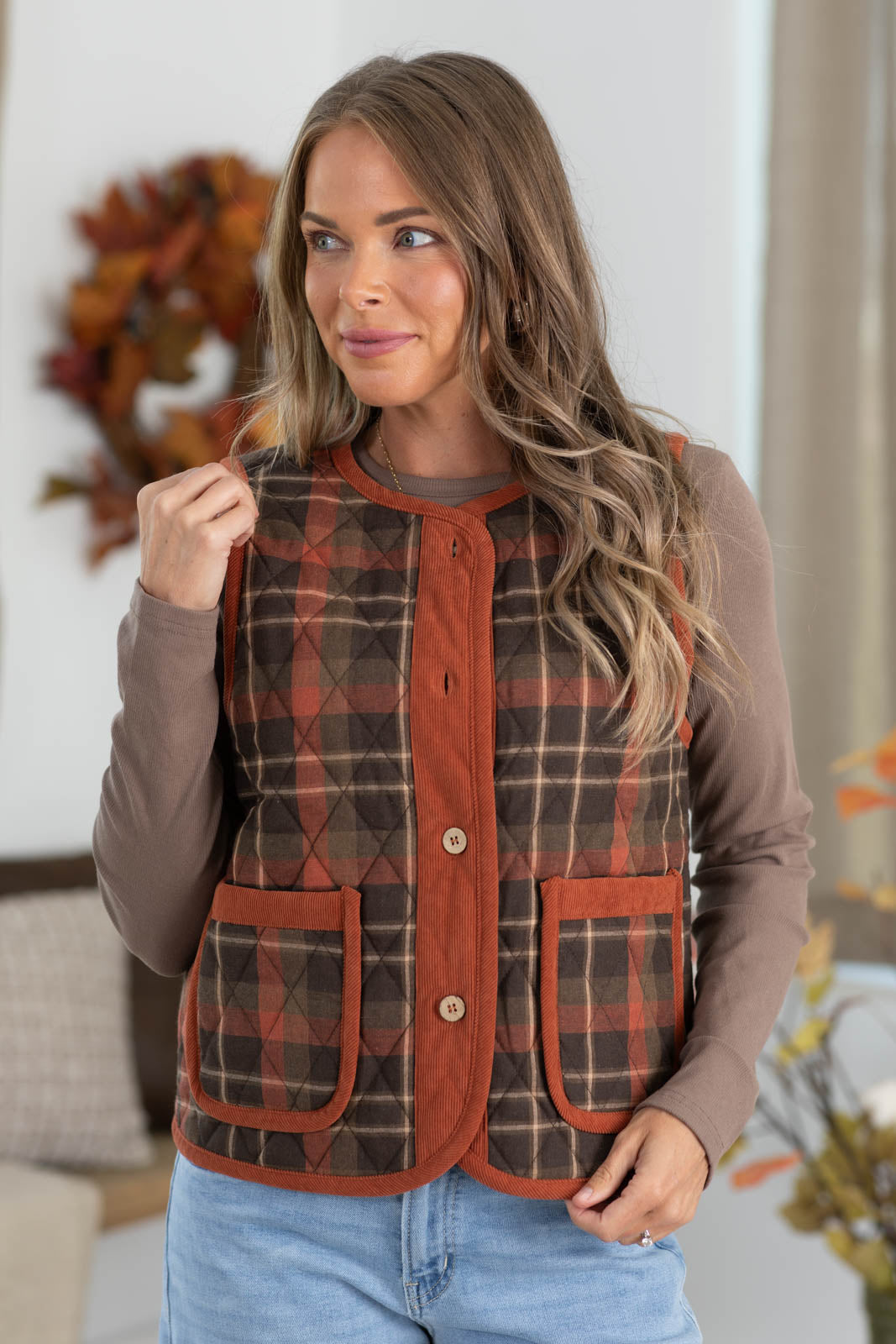 Staccato Plaid Collarless Puffer Vest