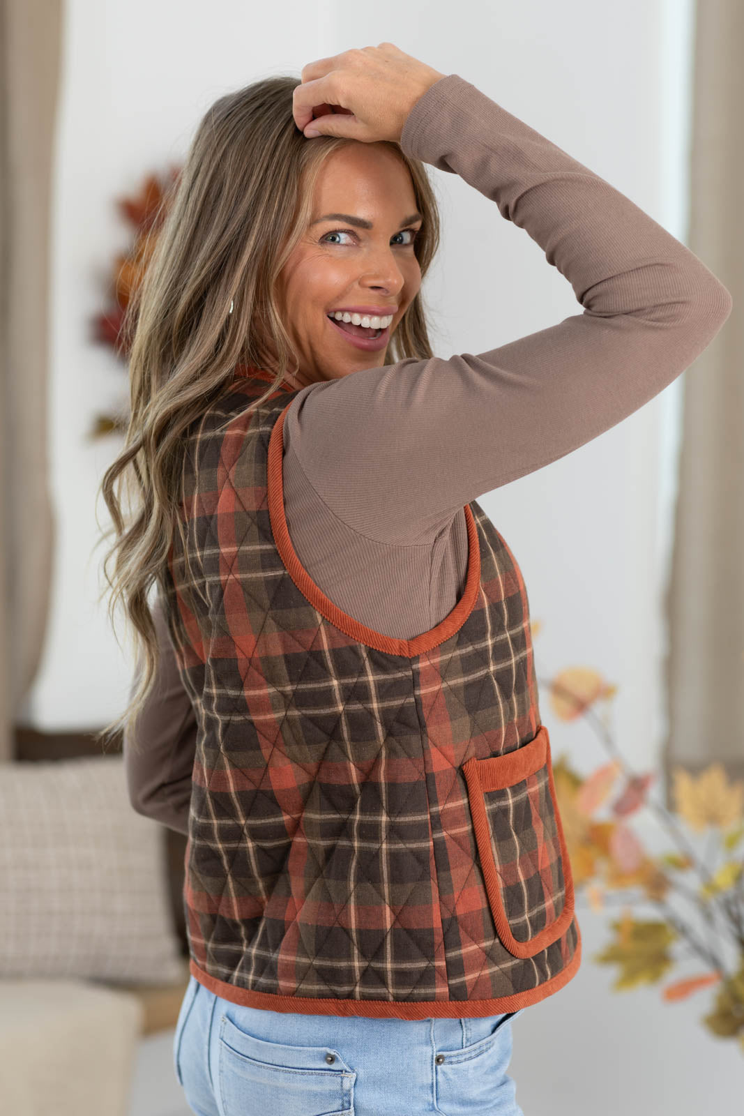 Staccato Plaid Collarless Puffer Vest