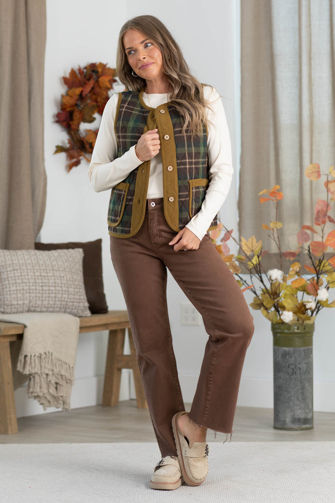 Staccato Plaid Collarless Puffer Vest