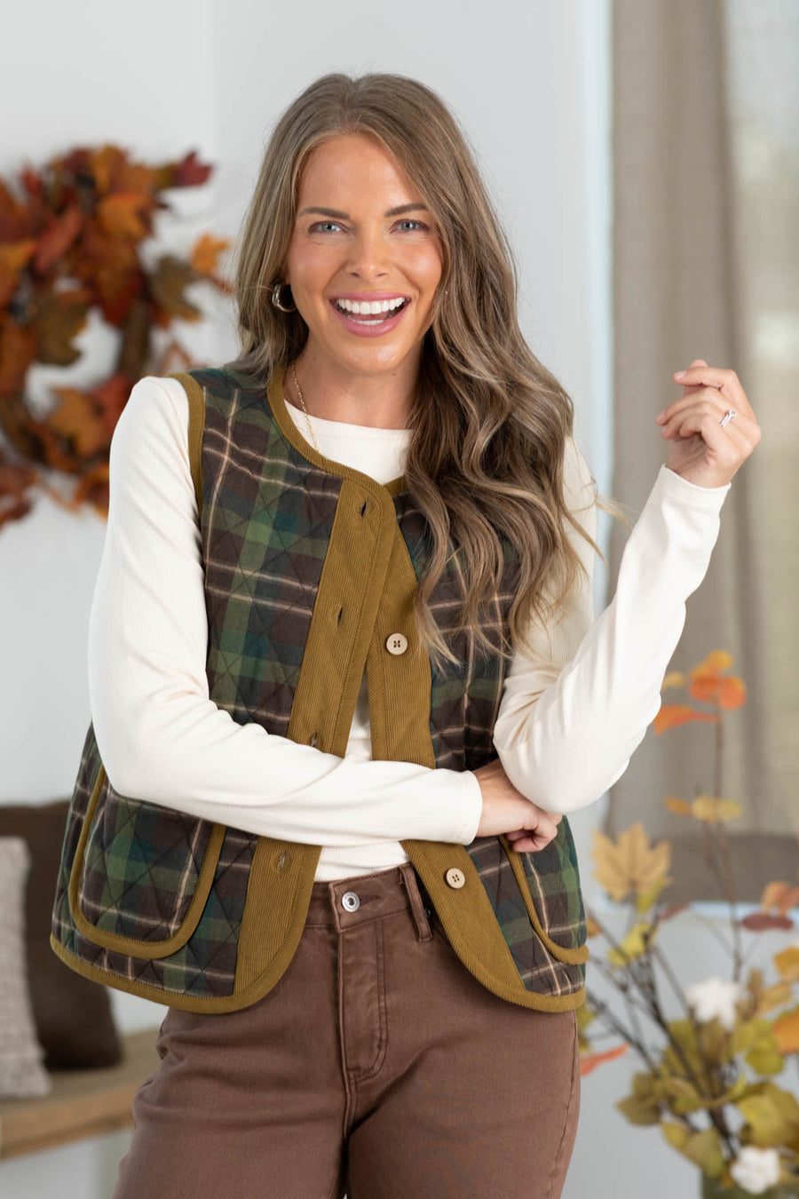Staccato Plaid Collarless Puffer Vest