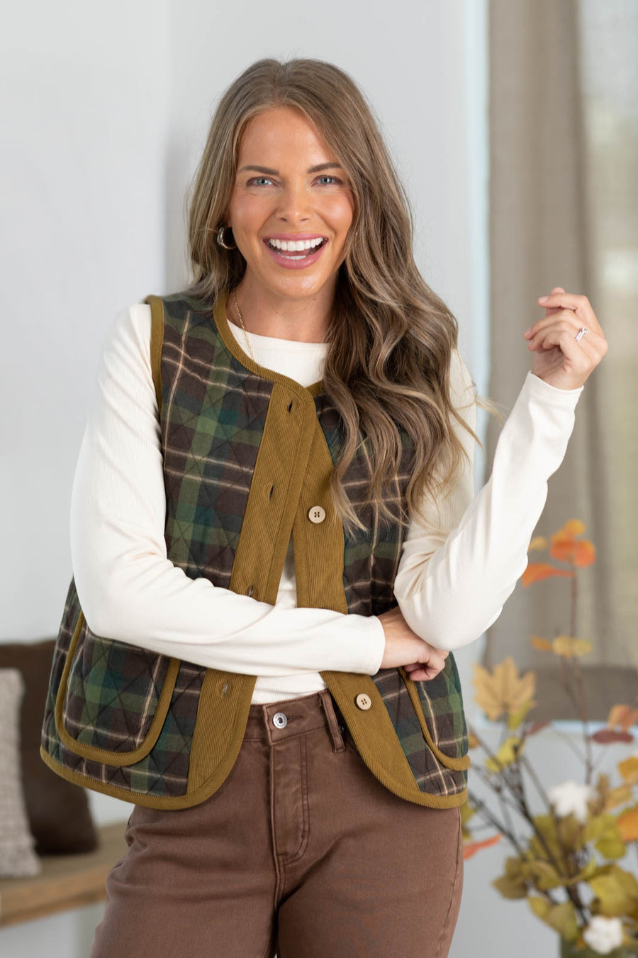 Staccato Plaid Collarless Puffer Vest