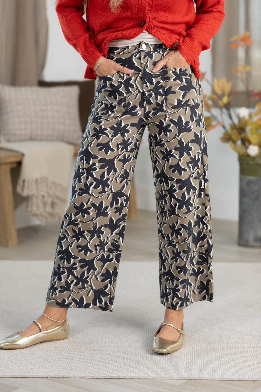 Dusty Brown Botanical Floral Wide Leg Pants