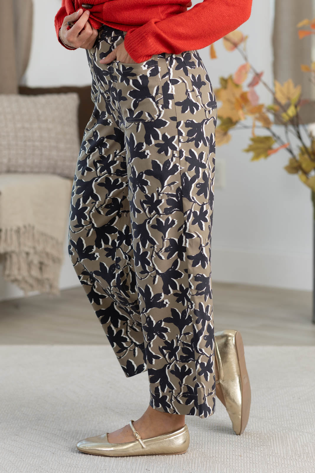 Dusty Brown Botanical Floral Wide Leg Pants