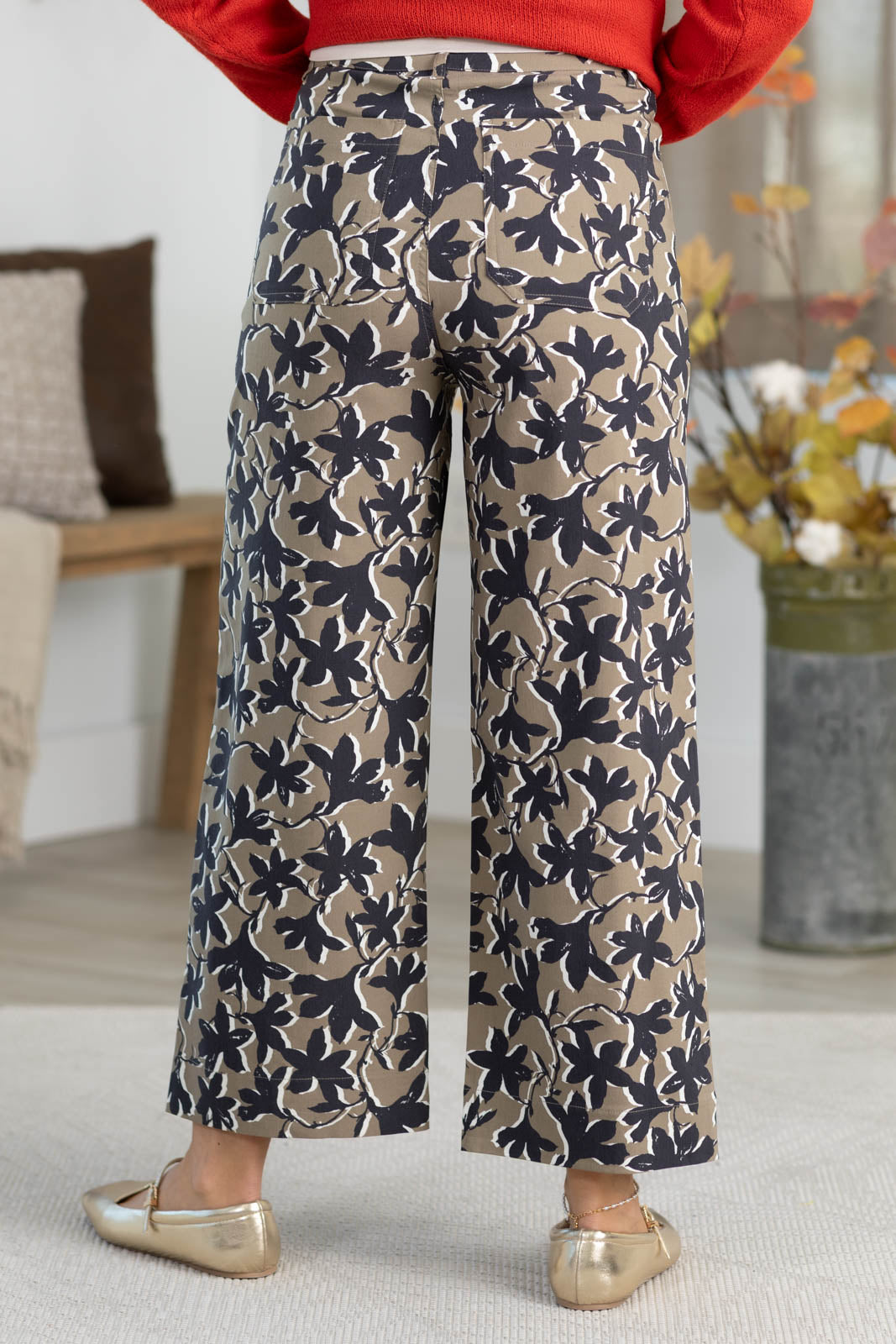 Dusty Brown Botanical Floral Wide Leg Pants