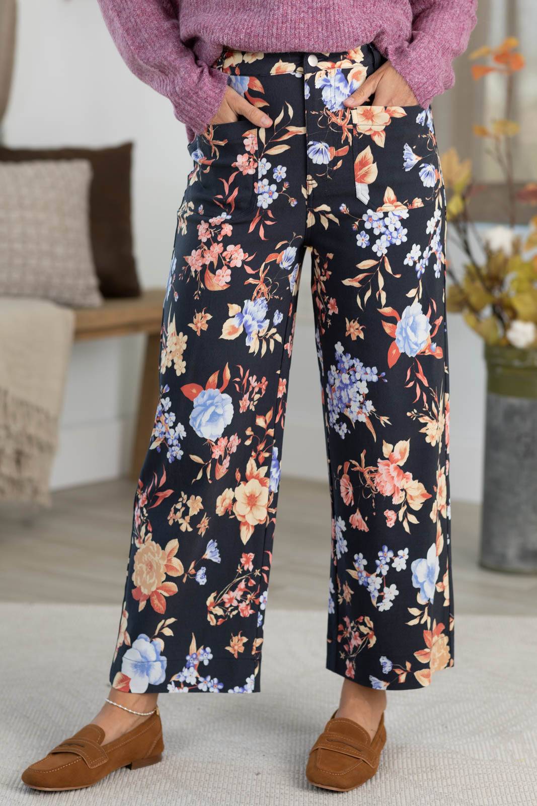 Black High Waist Floral Print Wide Leg Pants
