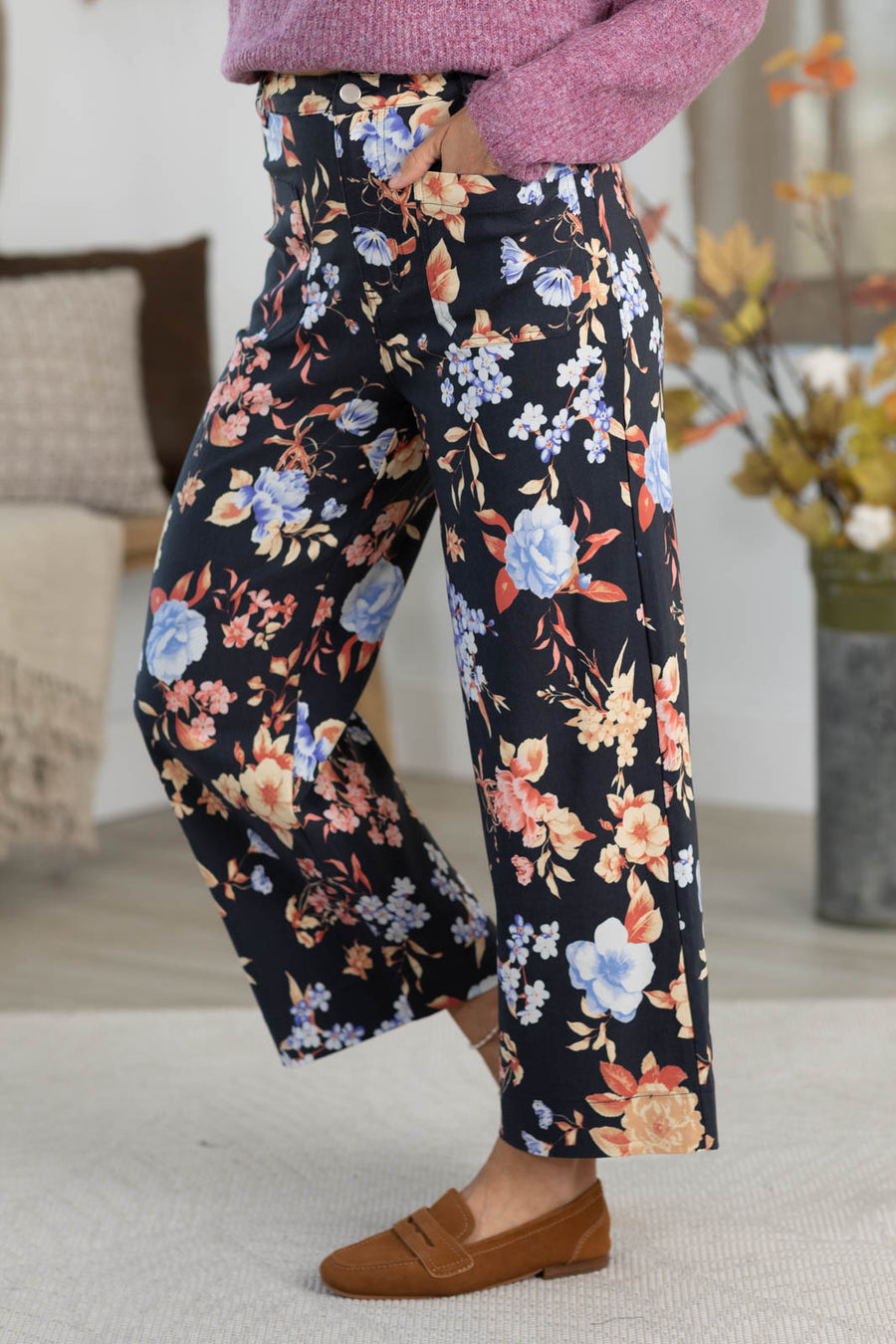 Black High Waist Floral Print Wide Leg Pants