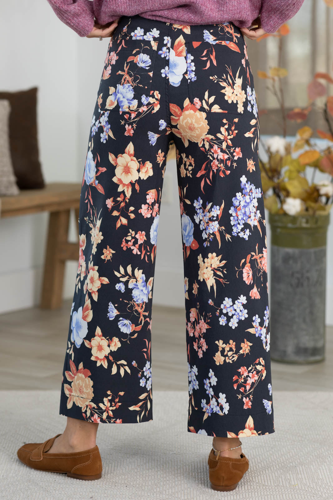 Black High Waist Floral Print Wide Leg Pants