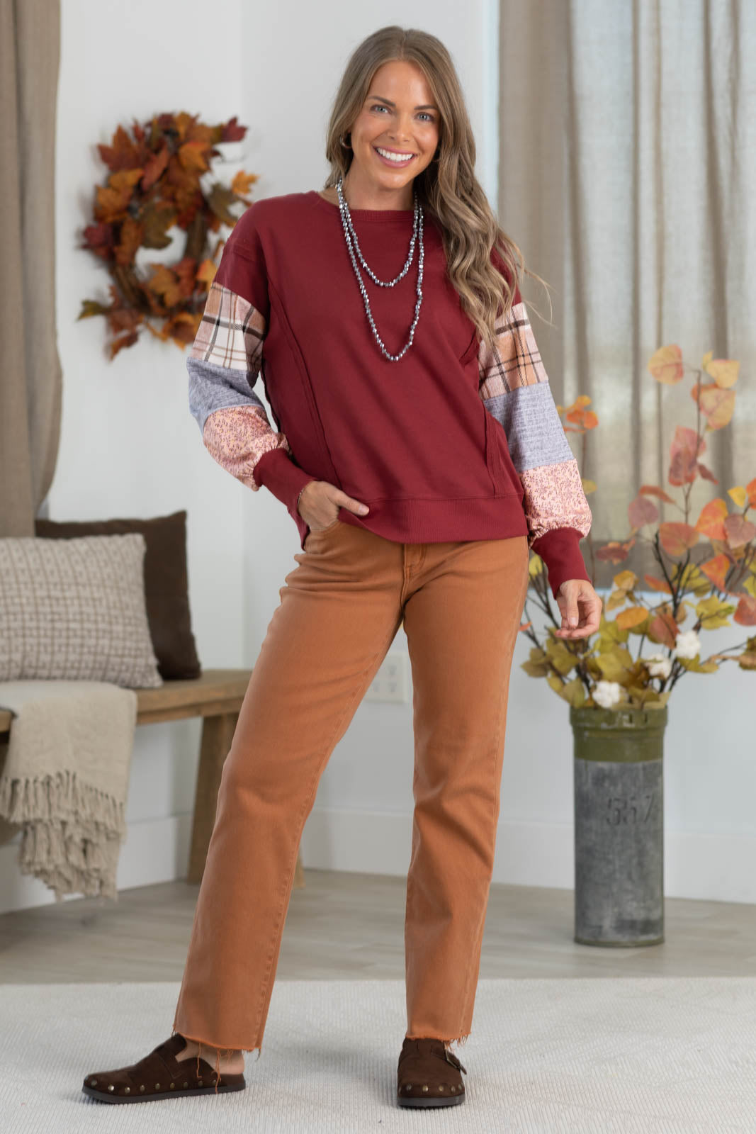 Burgundy Plaid Patchwork Sleeve Sweatshirt