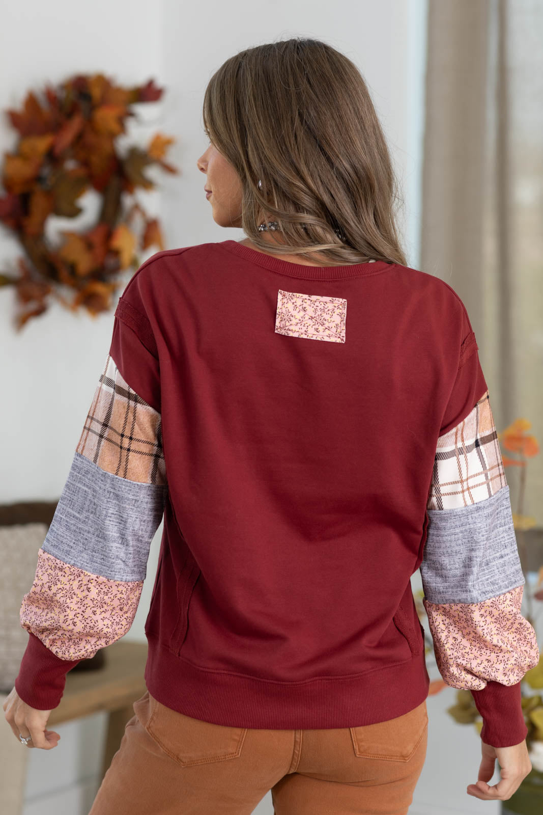 Burgundy Plaid Patchwork Sleeve Sweatshirt