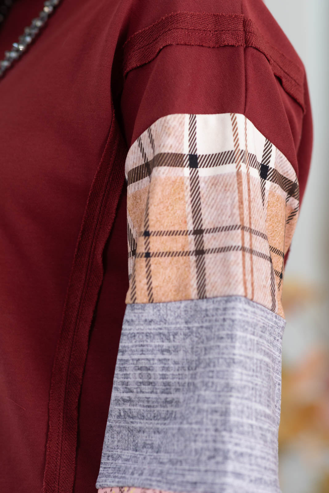 Burgundy Plaid Patchwork Sleeve Sweatshirt