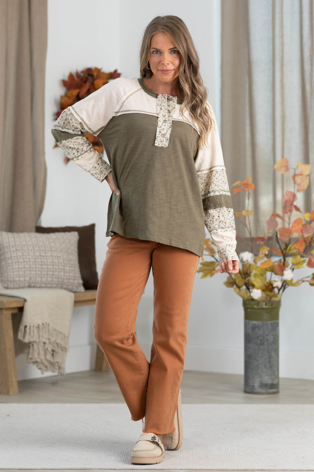 Olive Floral Colorblock Cotton Slub Knit Top