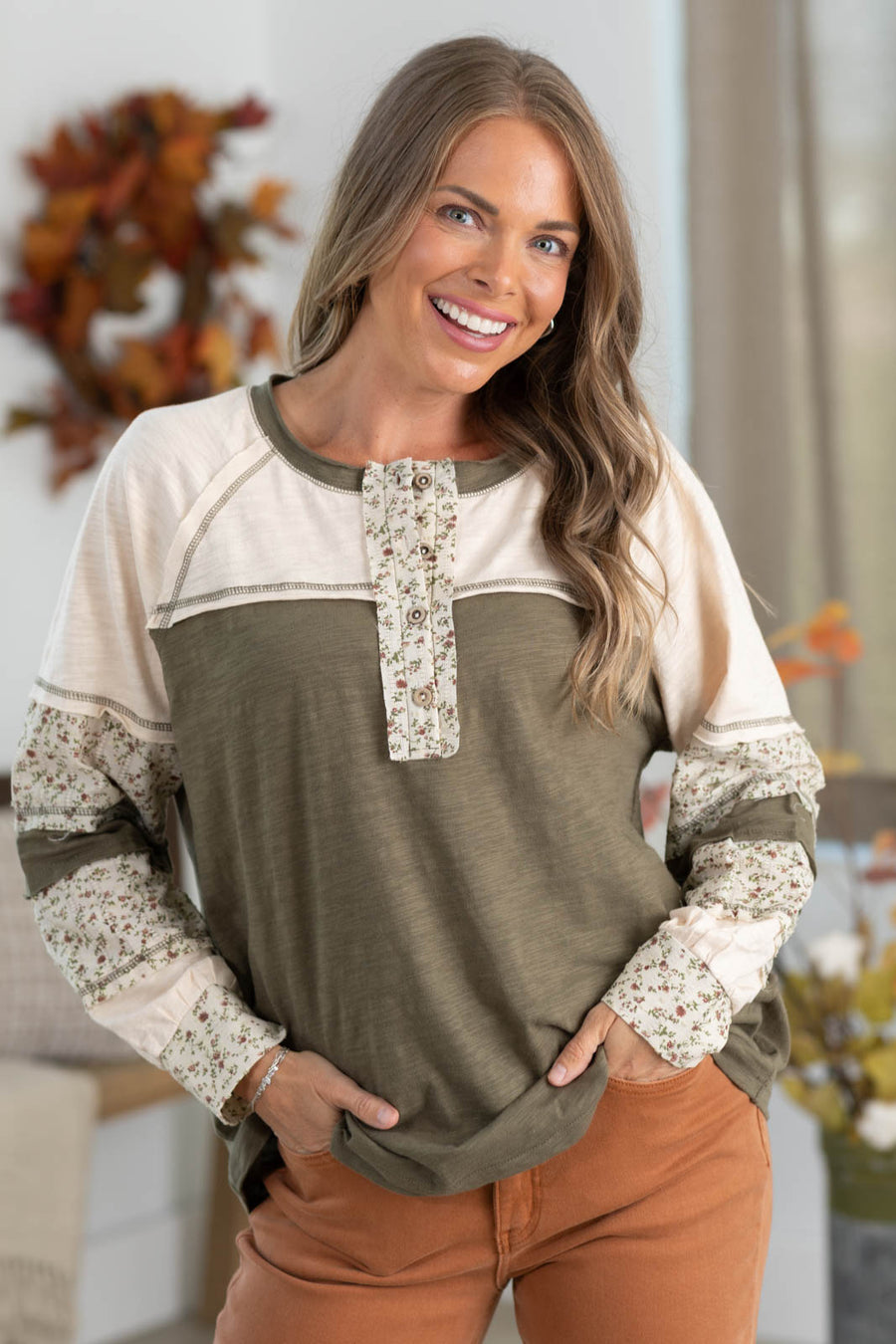Olive Floral Colorblock Cotton Slub Knit Top