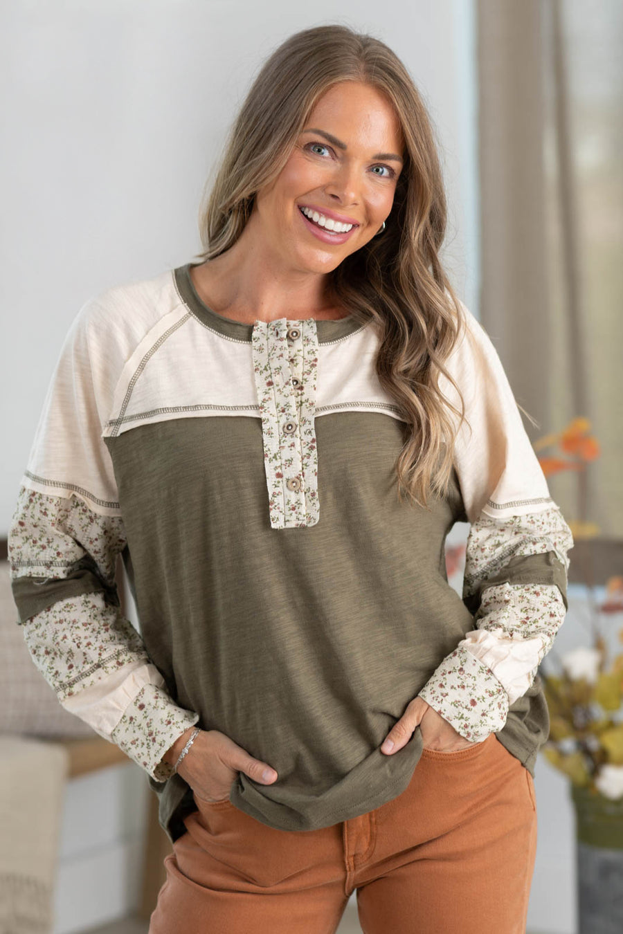 Olive Floral Colorblock Cotton Slub Knit Top