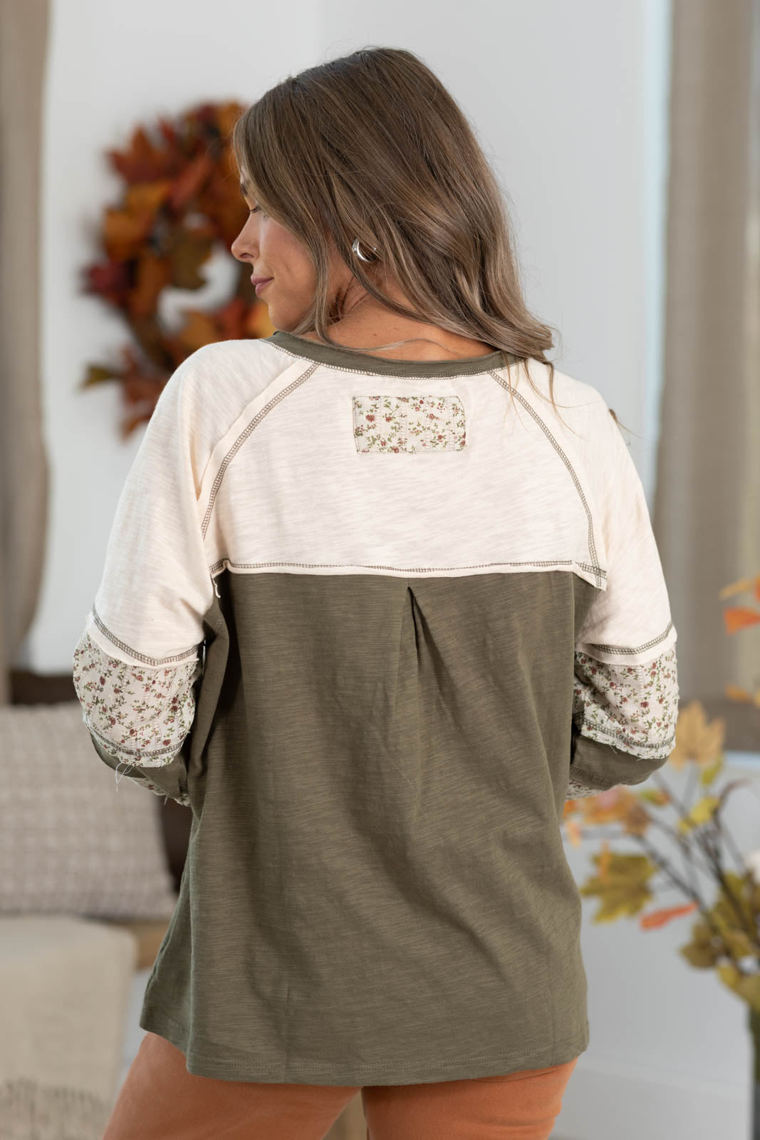 Olive Floral Colorblock Cotton Slub Knit Top
