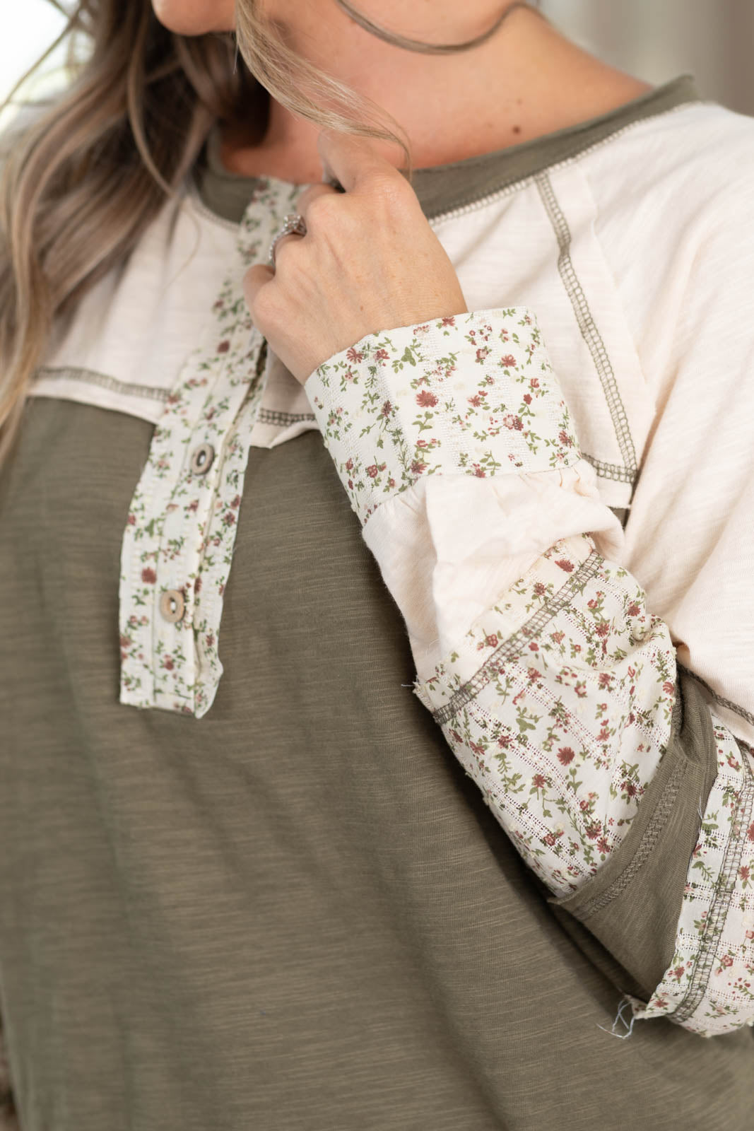 Olive Floral Colorblock Cotton Slub Knit Top