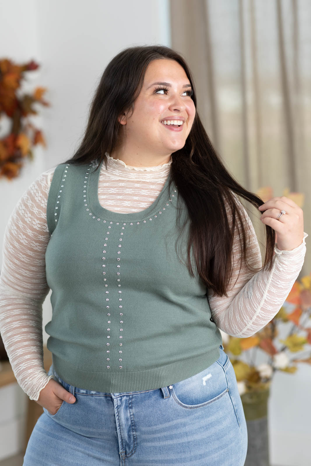 Staccato Stud Trim Scoop Neck Sweater Vest