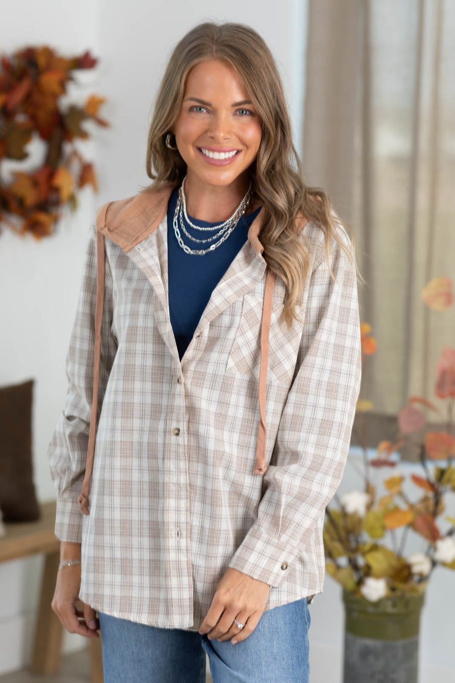 Beige And Tan Plaid Hooded Woven Button Up Top