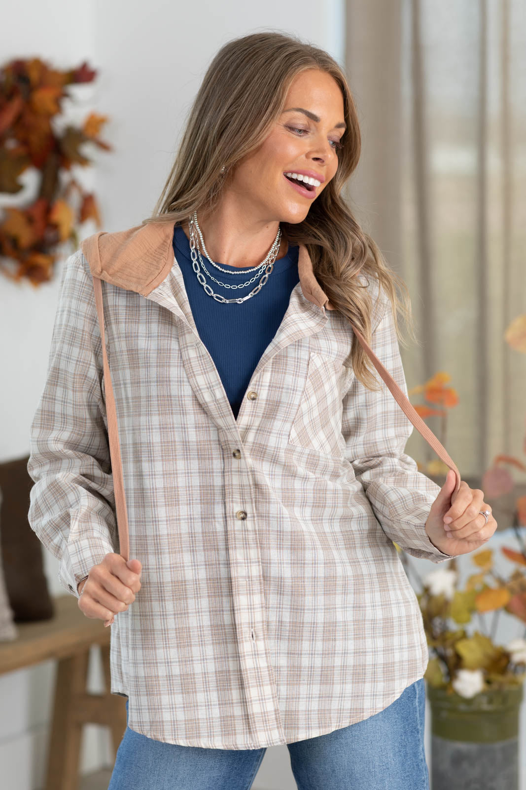 Beige And Tan Plaid Hooded Woven Button Up Top