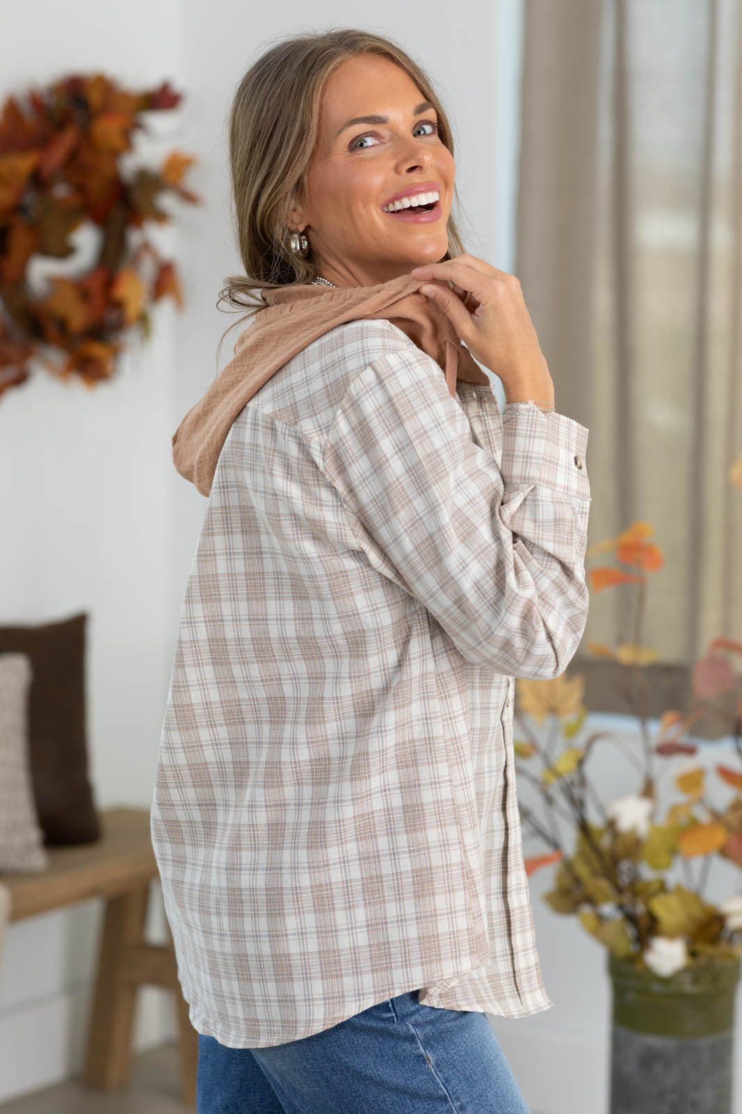 Beige And Tan Plaid Hooded Woven Button Up Top