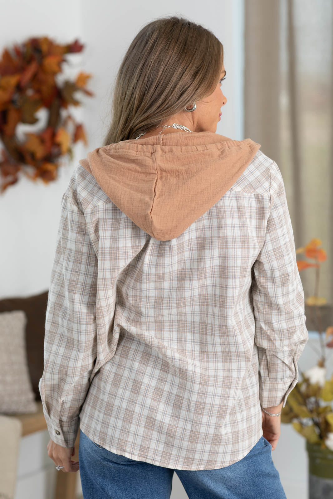 Beige And Tan Plaid Hooded Woven Button Up Top