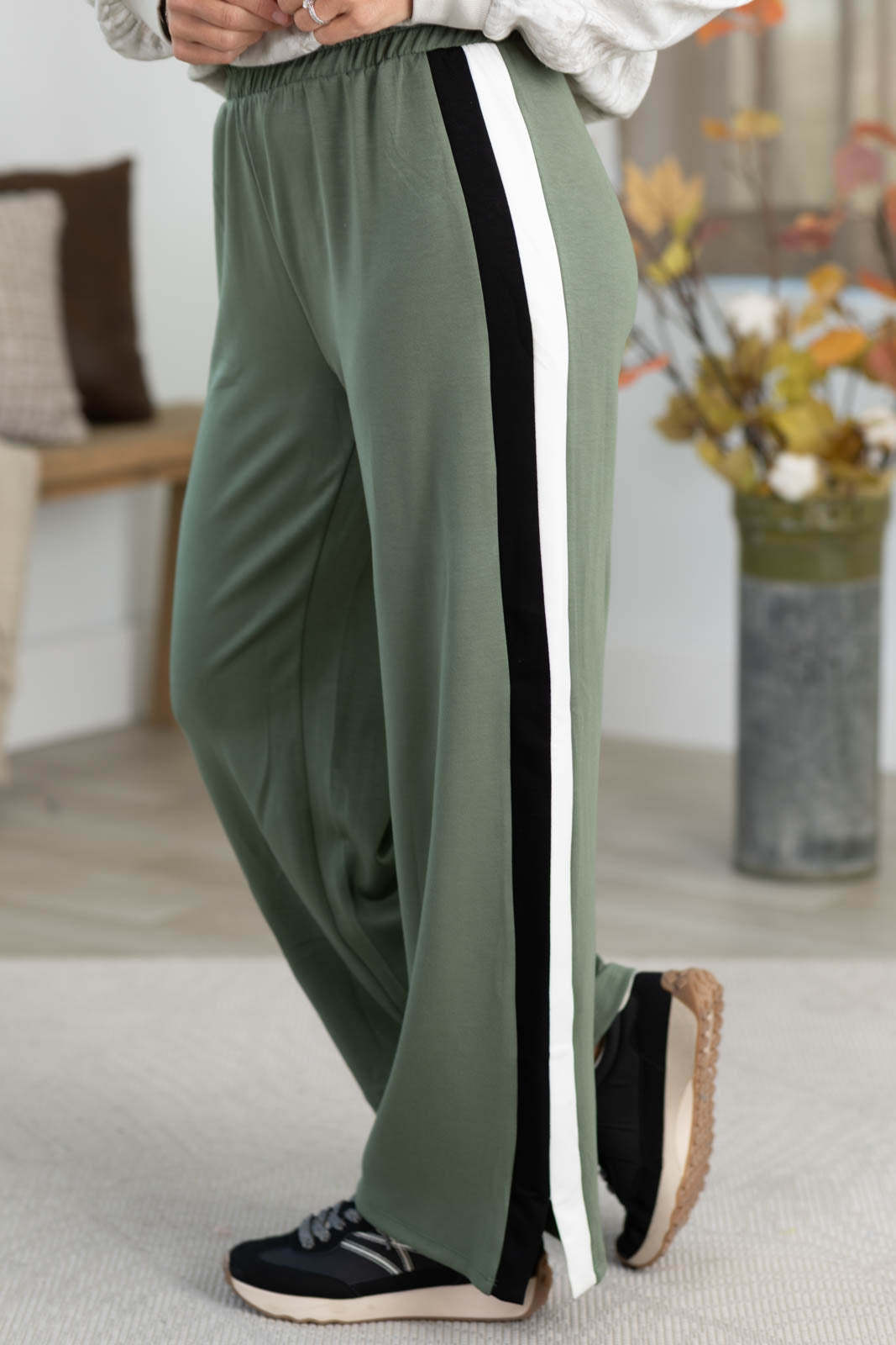 Off Duty Wide Leg Scuba Pants With Track Stripe by Filly Flair