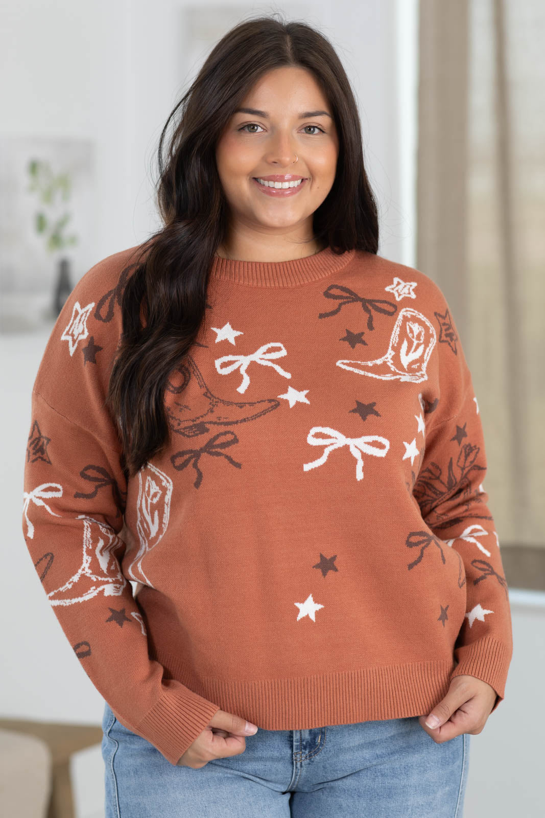 Staccato Rust Western Print Sweater
