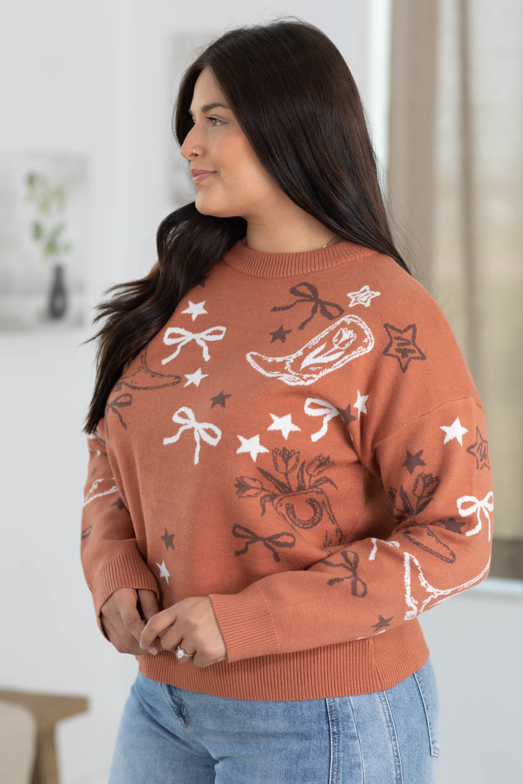 Staccato Rust Western Print Sweater