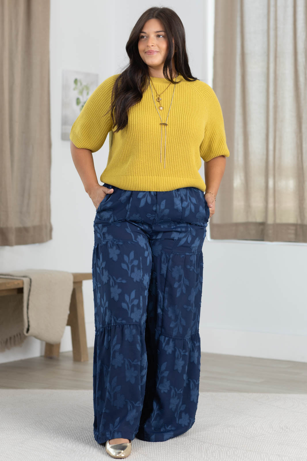 Tiered Chambray Wide Leg Pants