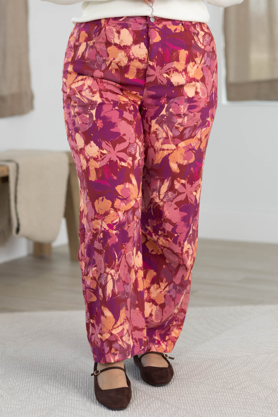 Burgundy Wide leg Cropped Botanical Print Trouser Pants