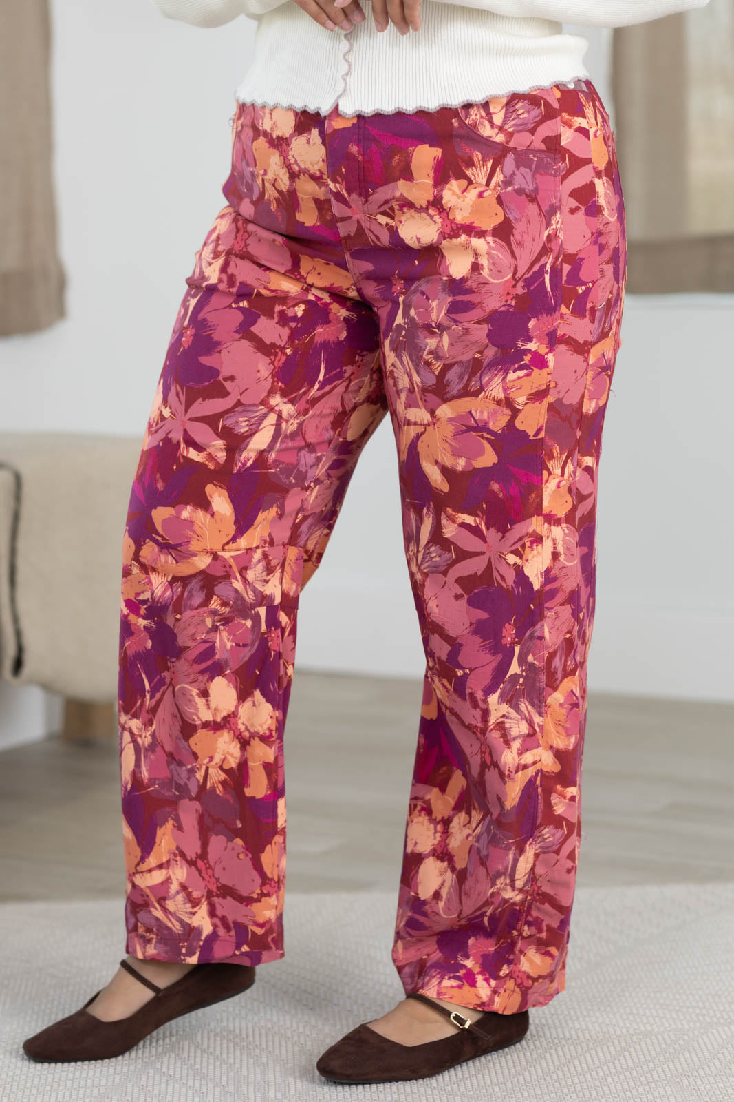 Burgundy Wide leg Cropped Botanical Print Trouser Pants