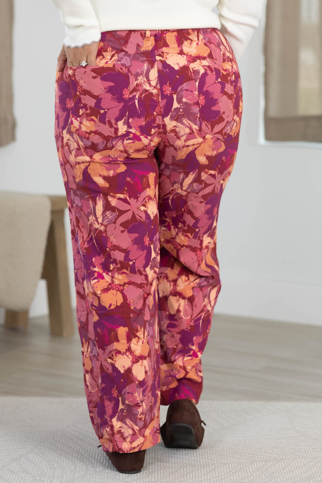 Burgundy Wide leg Cropped Botanical Print Trouser Pants