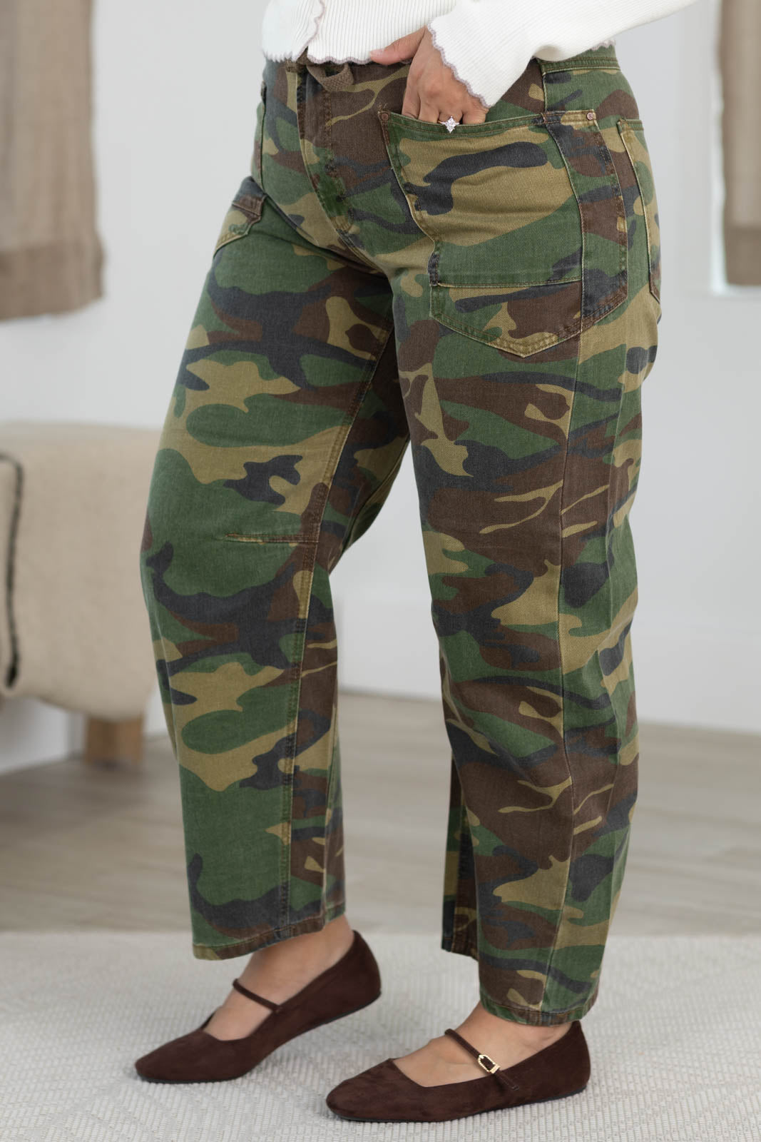 Risen Camo Crop Barrel Pants With Tie Belt