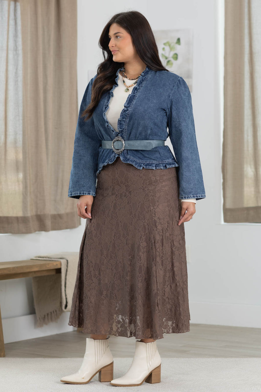 Mocha Lace Midi Elastic Skirt
